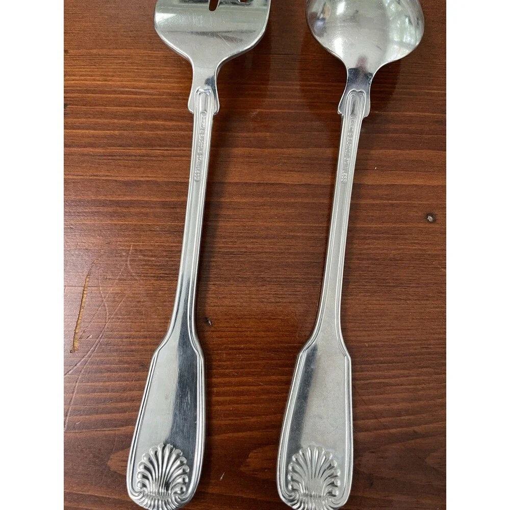 Reed And Barton Stainless Shell Pattern Pierced Serving Spoon And Serving Fork